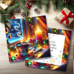 Chocolate caliente en una ventana de Navidades per<br><div class="desc">Escena de Navidades en la ventana de un bonito con una taza caliente de chocolate caliente al vapor, velas encendidas en una noche nevada. Mientras la nieve cae en esta noche mágica, les deseo todo alegre y brillante. Una dulce tarjeta de vacaciones personalizada para darle un ambiente cálido y acogedor....</div>
