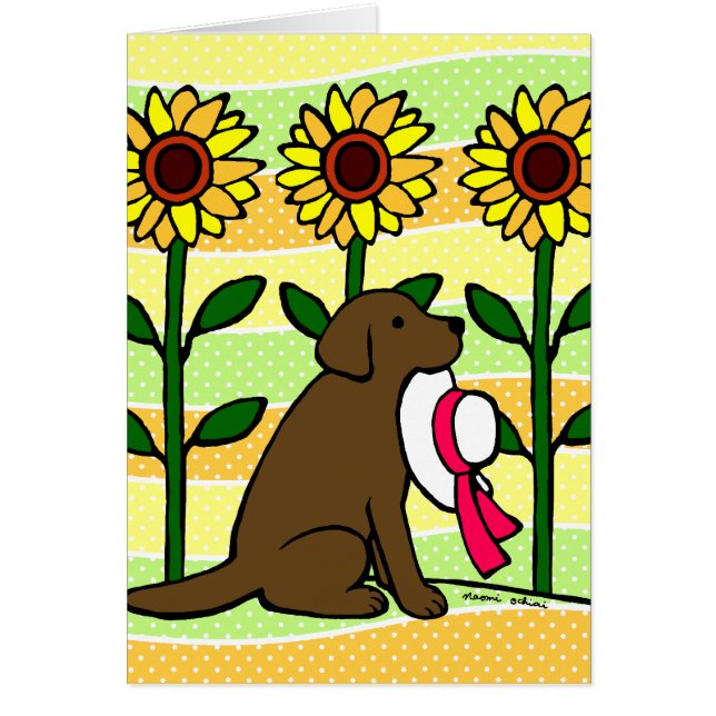 Chocolate Labrador del verano con los girasoles (Frente)