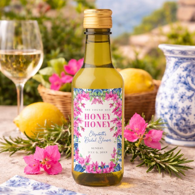 Chorro Nupcial de Baldosa Azul Buganvilla Rosa (Pink Bougainvillea Blue Tile Bridal Shower Wine Label)