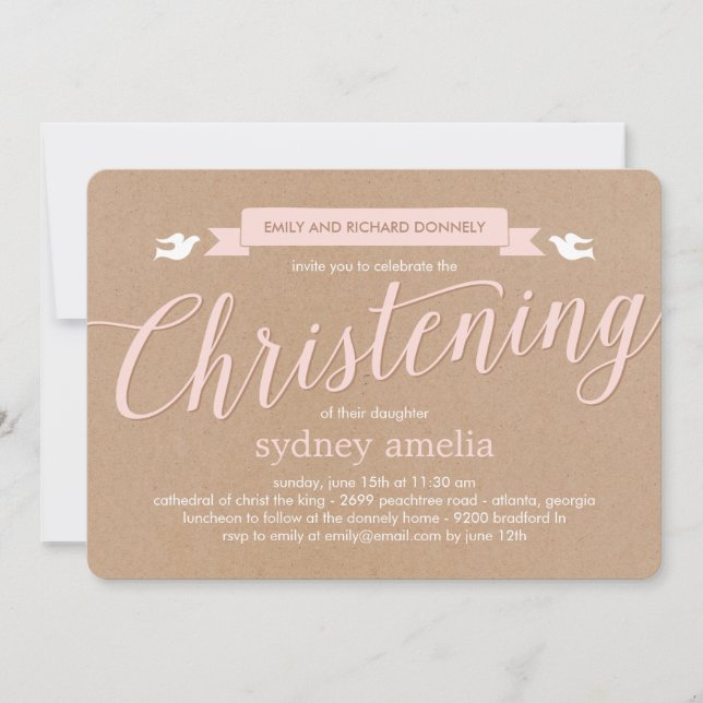 Christening Banner Baptism Invitación - Rosa (Anverso)