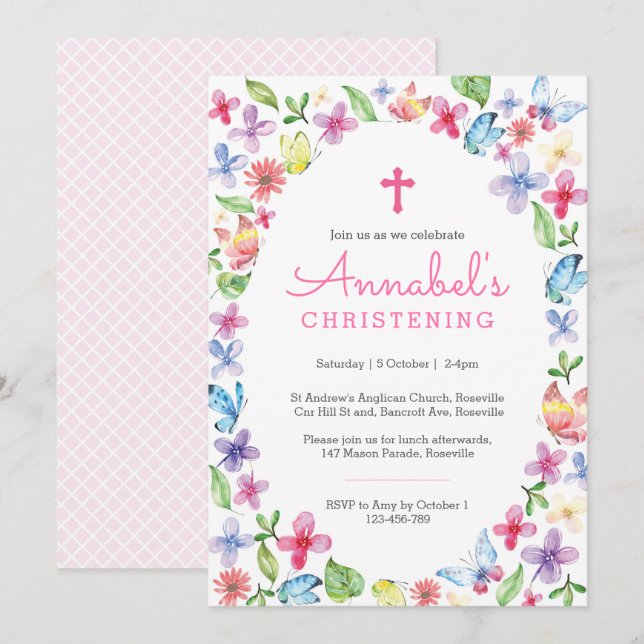 Christening Baptism Invitación mariposa floral (Anverso / Reverso)