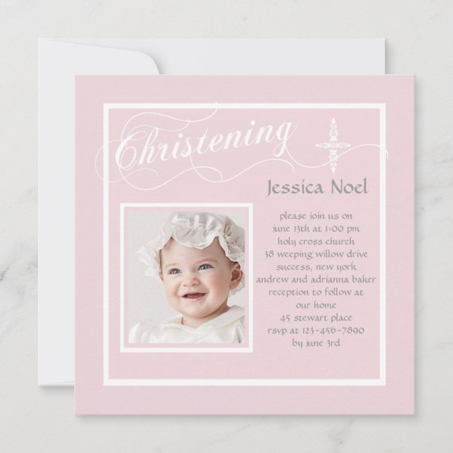 Christening Calligraphy Pink Photo Invitación (Anverso)