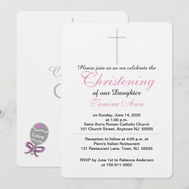 Christening Cross Pink Baby Rattle Invitaciones (Anverso / Reverso)