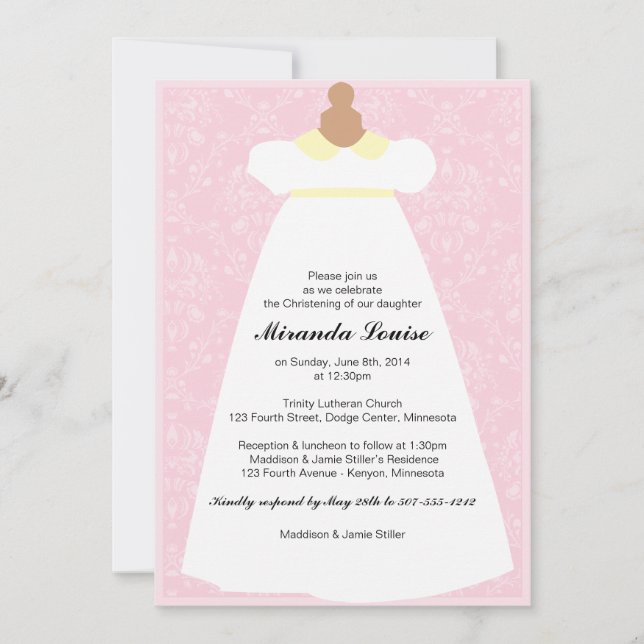 Christening Gown (Rosa) Baptism Invitación (Anverso)