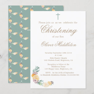 Christening o Baptism Invitación Verde Floral
