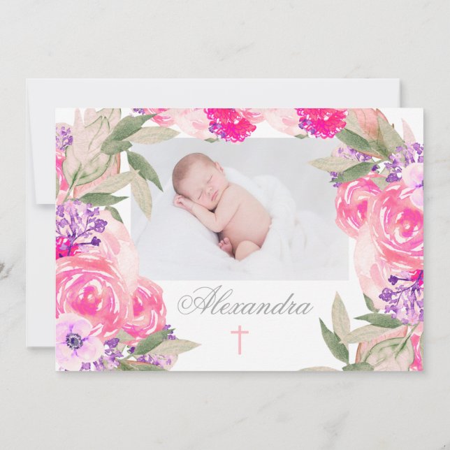 Christening Photo Floral Rosas Invitación (Reverso)