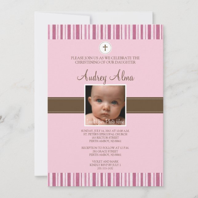 Christening Pink Stripe Photo Invitación - Chica (Anverso)