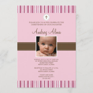 Christening Pink Stripe Photo Invitación - Chica
