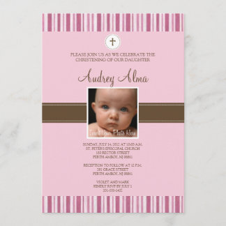 Christening Pink Stripe Photo Invitación - Chica