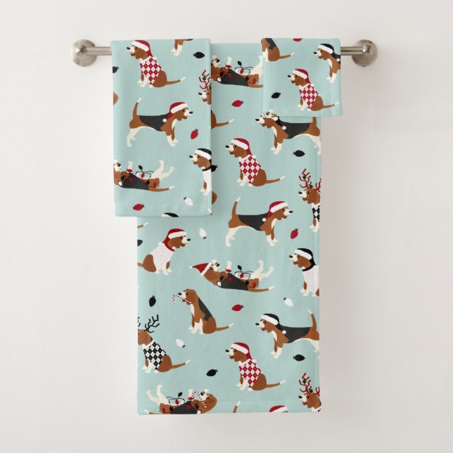 Christmas Beagles Blue Bath Towel Set (In situ)