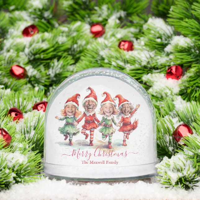 Christmas Elves Family 4 Photo Collage Snow Globe (Navidad)