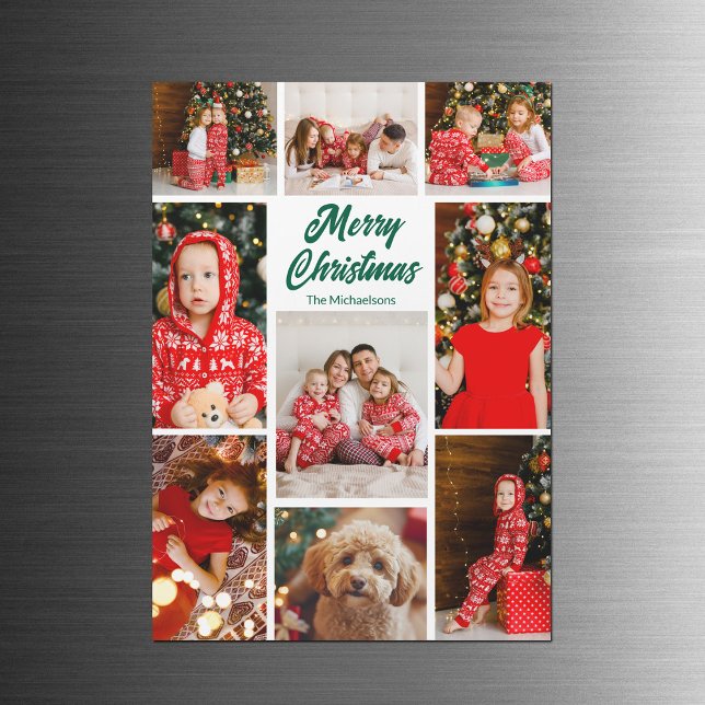 Christmas Photo Collage Green Script Magnet Card (Subido por el creador)