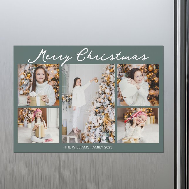 Christmas Photo Collage Grey Green Magnet Card (Subido por el creador)