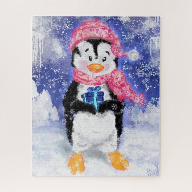 Christmas Puzzle Gift with Happy Penguin (Vertical)