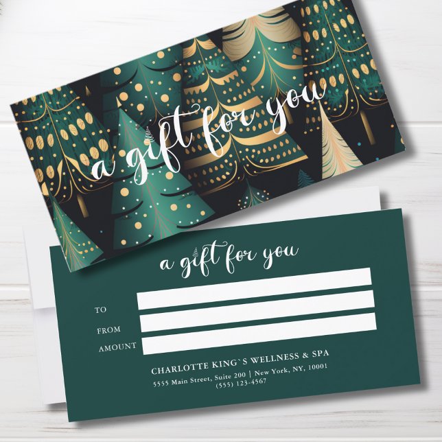 CHRISTMAS TREE BUSINESS CERTIFICADO regalo para us (Salon, Christmas-Tree-Green-Gold- Script Font, Elegant, Festive, Business Gift Certificate "A gift f)