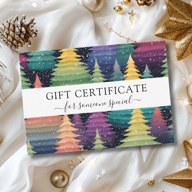 CHRISTMAS TREE BUSINESS CERTIFICADO regalo para us (Modern, Christmas Trees -Green, Yellow, Red, Purple-Pattern, Salon, Business, Gift Certificate.)