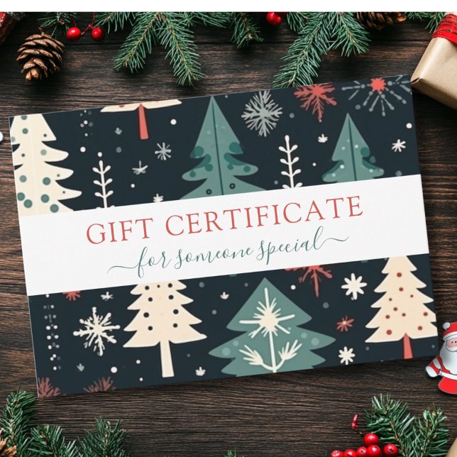 CHRISTMAS TREE BUSINESS CERTIFICADO regalo para us (Modern, Christmas Trees -Green, Beige, Red, Black- Pattern, Salon, Business, Gift Certificate.)