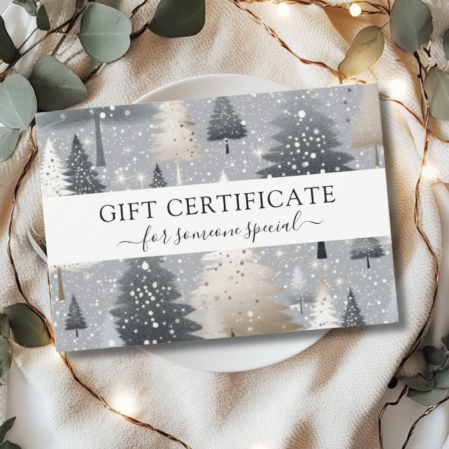 CHRISTMAS TREE BUSINESS CERTIFICADO regalo para us (Modern, Elegant, Christmas Tree-Gray-Beige-Silver-Pattern, Salon, Business, Gift Certificate. 
)