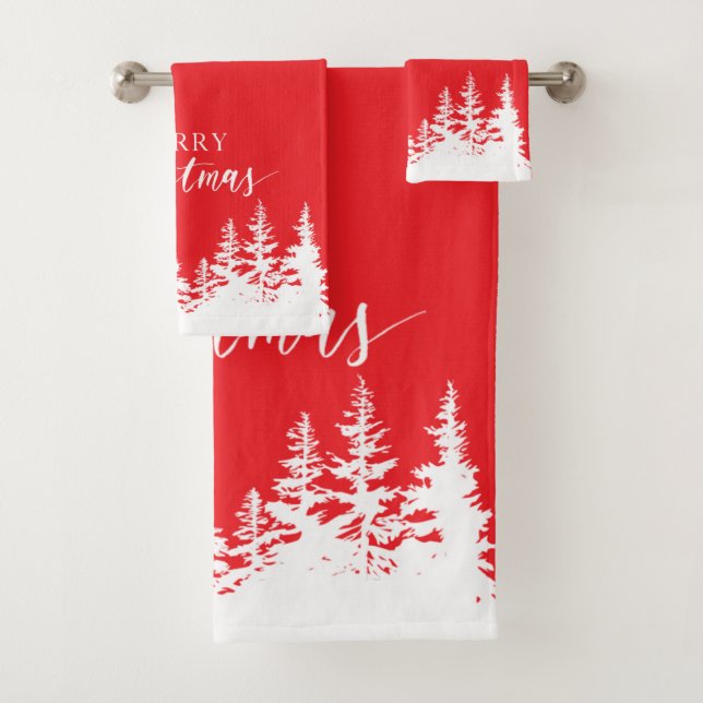 Christmas Trees Bath Towel Set Red and White (In situ)