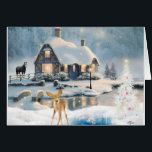 Christmas Winter Cottage Deer Holiday Card<br><div class="desc">Winter Wonderland Christmas Cottage and Deer Scene Holiday Card. Art creation © Tyra OBryant</div>