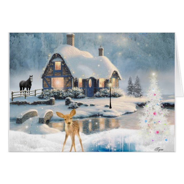 Christmas Winter Cottage Deer Holiday Card (Anverso (Horizontal))