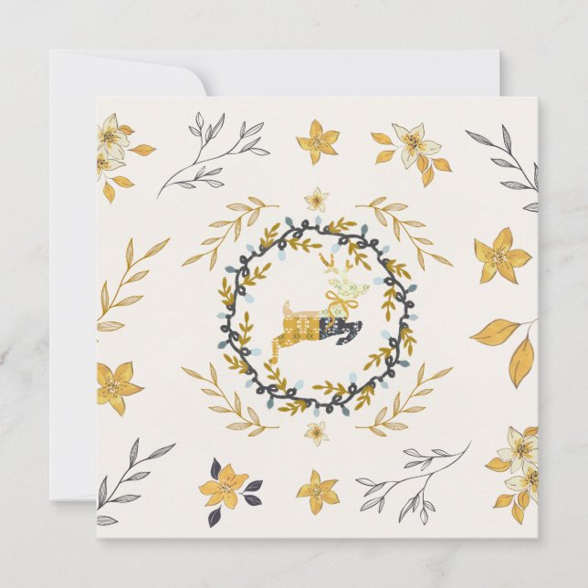 Christmastime Deer Yellow Cream Floral Flat Card (Anverso)