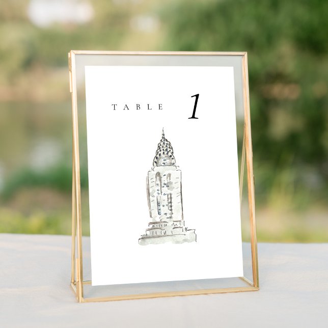 Chrysler Building New York Boda Número de tabla (Watercolor Chrysler Building New York City Skyline wedding table number sign.)