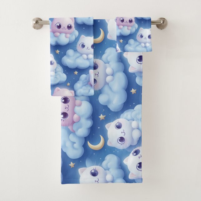 "Chubby Kawaii Gats and Clouds 3D Seamless Pattern (In situ)