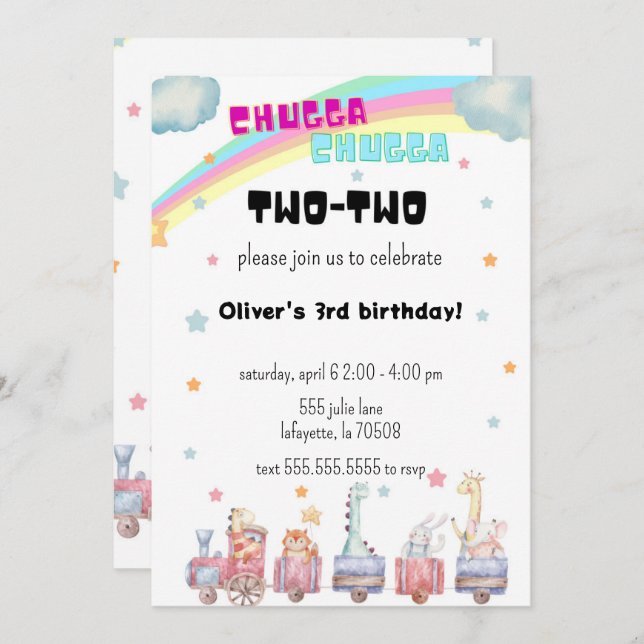 Chugga Chugga Invitación a dos cumpleaños del tren (Anverso / Reverso)
