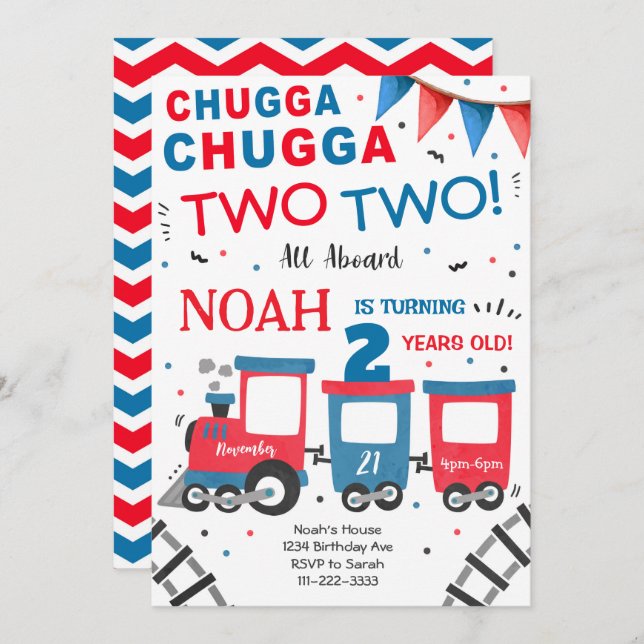 Chugga Dos Invitaciones de Segundo Cumpleaños al T (Anverso / Reverso)