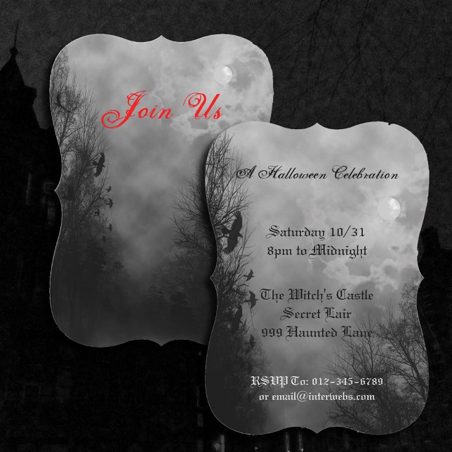 Cielo atormentado con la invitación de Halloween d (Full moon with ravens Halloween party invitations)