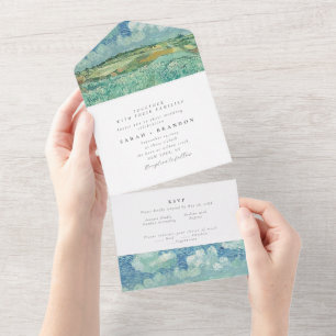 Cielo azul con invitación a la boda de campo verde