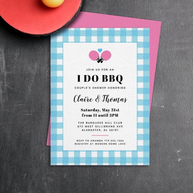 Cielo azul Plaid I Do BBQ Ping Pong Invitación (preppy pink, blue and white gingham plaid country club I Do BBQ invitation)
