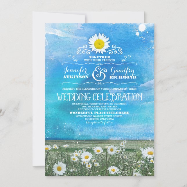 cielo azul y verano pradera día de boda invitación (Anverso)