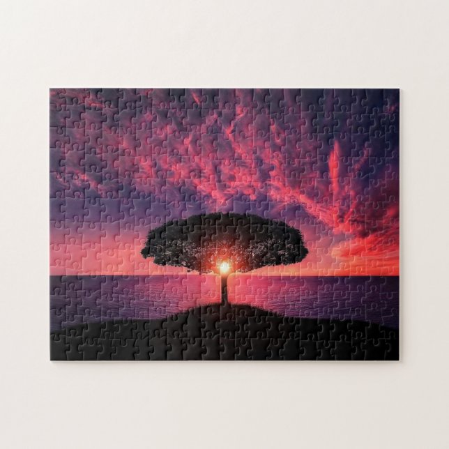 Cielo de nubes rojas de rompecabezas del árbol del (Horizontal)