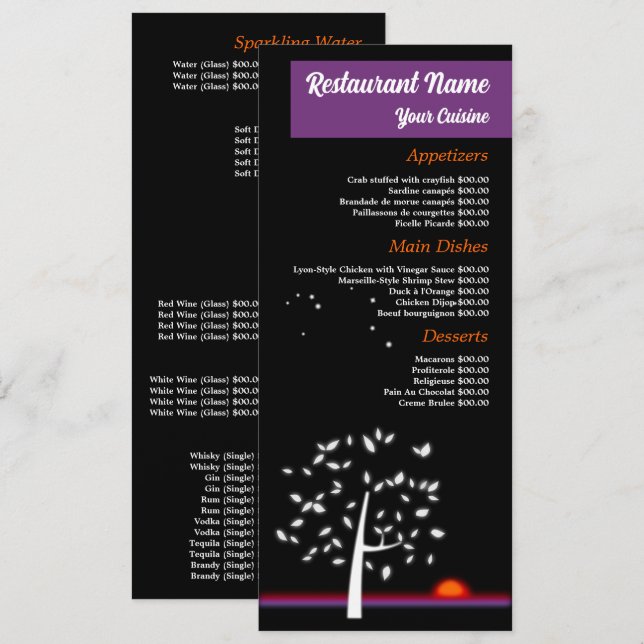 Cielo Nocturno Sol, Menú de Restaurante Slimline (Anverso / Reverso)