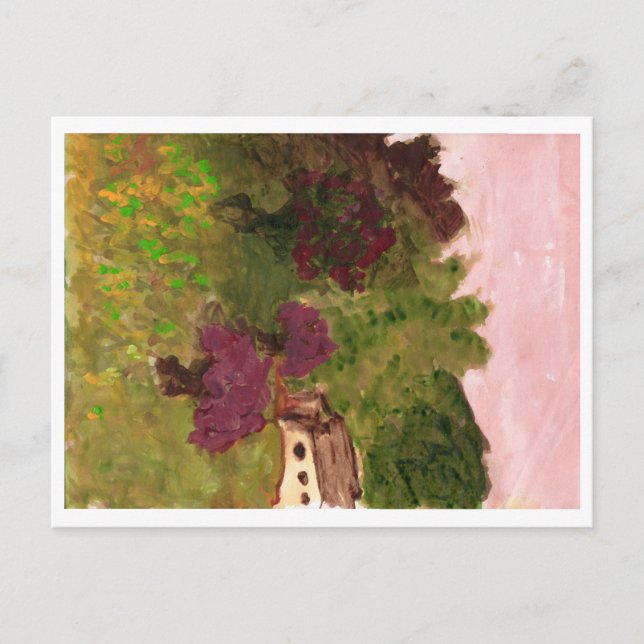 Cielo rosa, paisaje, casa, postal (Anverso)