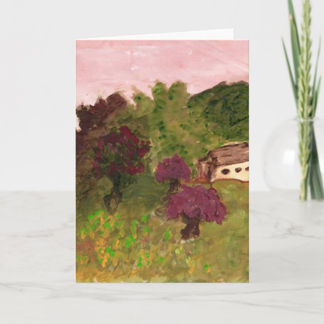 Cielo rosa, paisaje, casa, tarjeta de nota (Imagen (Anverso)