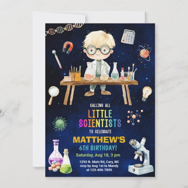 Científico, invitación de cumpleaños de Ciencia Lo (Anverso)