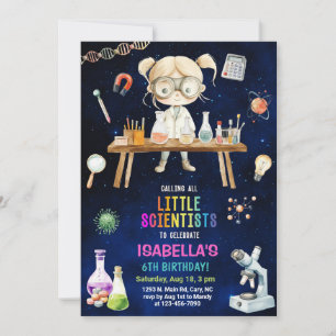 Científico, invitación de cumpleaños de niña de ci
