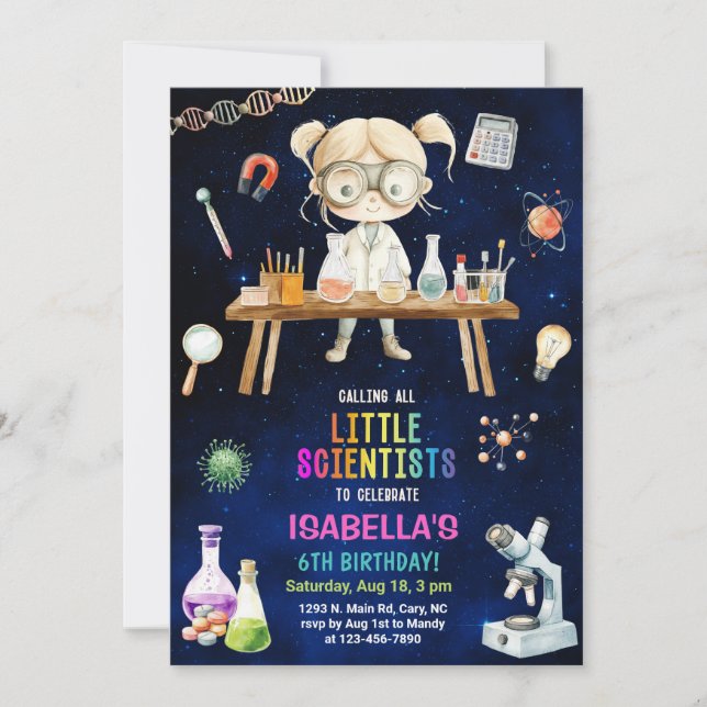 Científico, invitación de cumpleaños de niña de ci (Anverso)