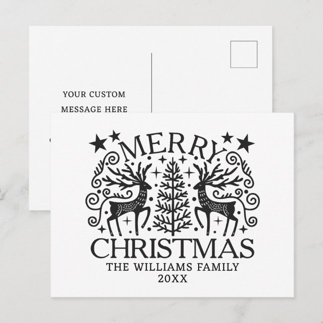 Ciervo escandinavo Navidad alegre negro y blanco (Anverso / Reverso)