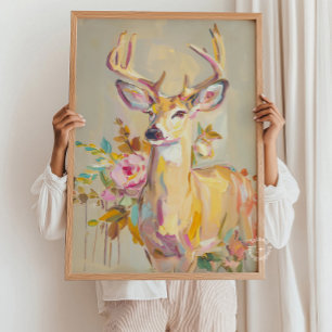 Ciervo Pintura Pastel Floral Impresión en Pared