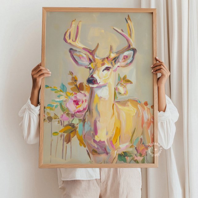 Ciervo Pintura Pastel Floral Impresión en Pared (Modern Abstract Deer Painting Floral pastel Print)