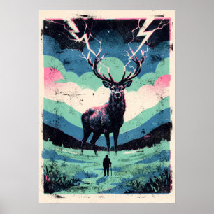 Ciervo relámpago y figura solitaria Arte Retro