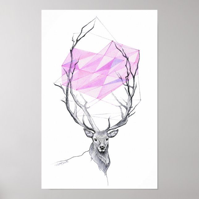 Ciervo y corazón geométrico rosa dibujo Arte anima (Frente)