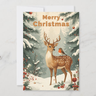 Ciervo y Petirrojo de Navidad Vintage en Bosque