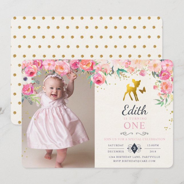 Ciervos del oro y invitación floral del cumpleaños (Anverso / Reverso)
