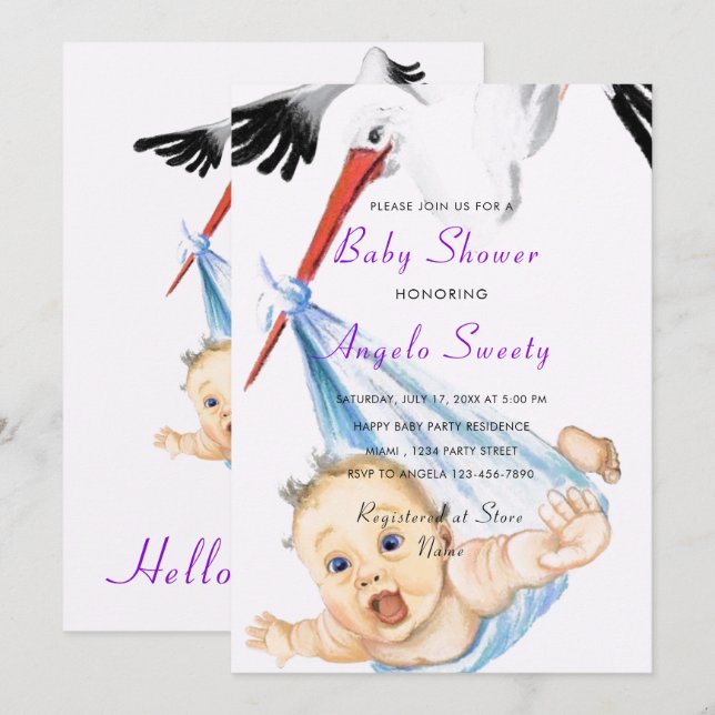 Cigüeña divertida con invitación de Baby Shower (Anverso / Reverso)