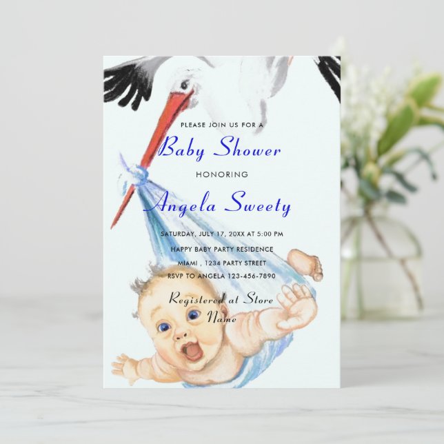 Cigüeña divertida con invitación para ducha de beb (Anverso de pie)